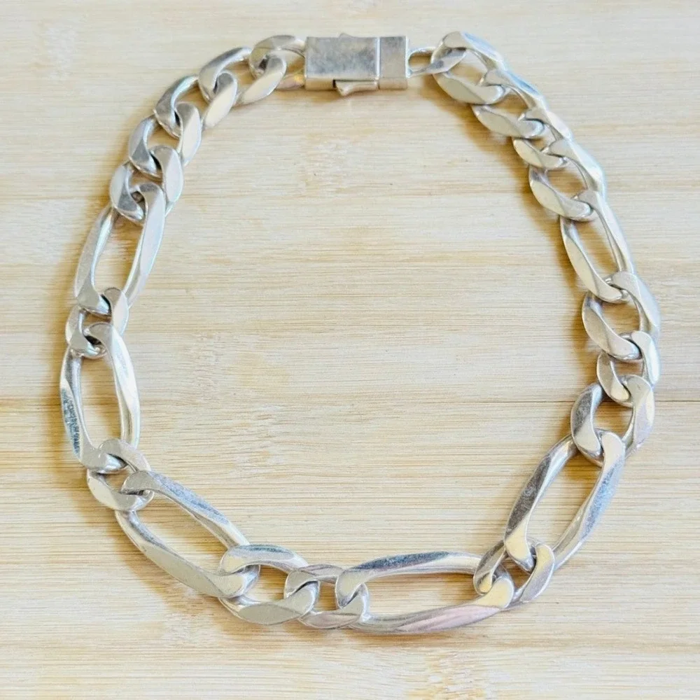 Numbering NMBR Figaro Chain Necklace Silver Rhodium Plated Bold Chunky Heavy 18